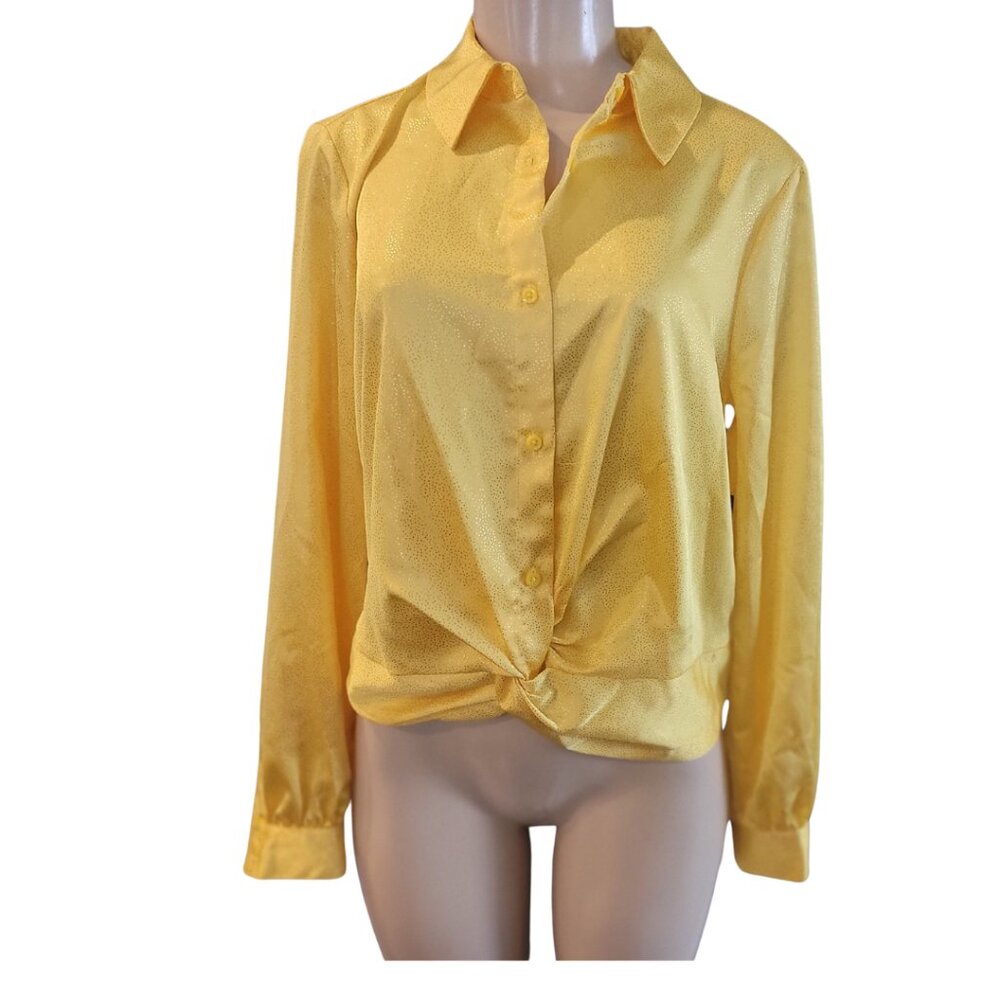INC Concepts Golden Sparkles Vibrant Yellow Satin Long Sleeve Button Down Crop